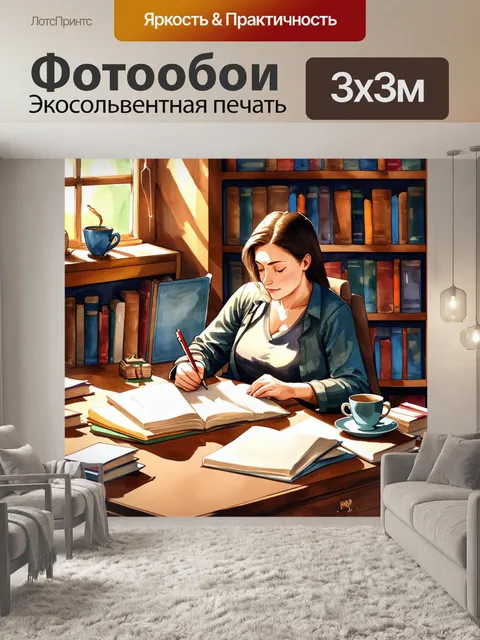 Фотообои писатель, работающий за своим столом в уютном кабинете, окружённый книгами, черновиками и чашкой чая…