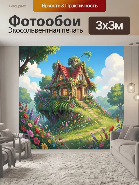 Фотообои Сказочный домик в цветущем саду