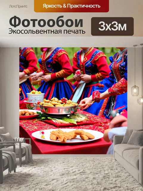 Фотообои россия, традиционный русский праздник с народными танцами, музыкой и угощениями на столе
