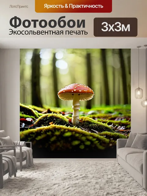 Фотообои нежный мухомор, покрытый каплями утренней росы, величественно возвышается на лесной поляне, окруженный ярким…