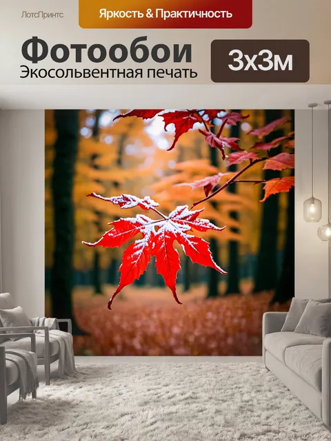 Фотообои алые листья осенью, покрытые легким снегом, в лесу с размытым фоном