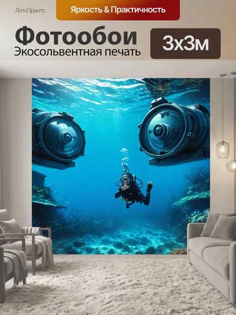 Фотообои погружение в глубины океана, где водолазы в шлемах, их массивные технические устройства блестят под водой