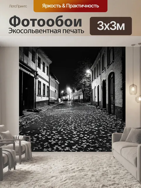 Фотообои ночь в стиле гранж, черно-белая фотография старого города, меланхолия, осенние листья на земле