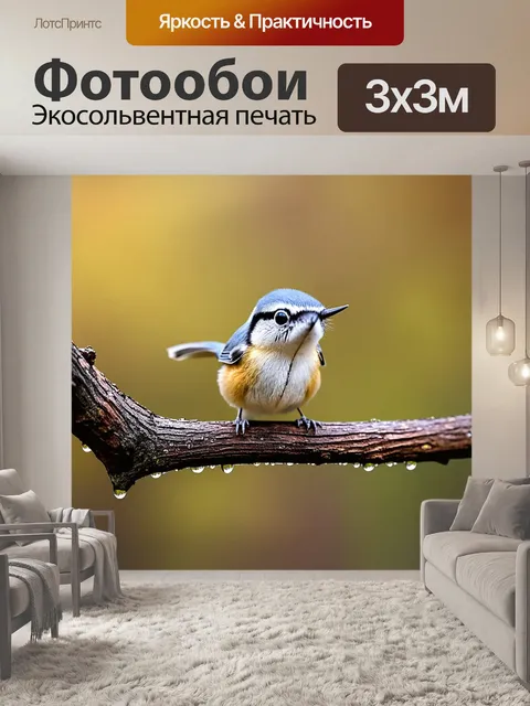 Фотообои природа в утреннем свете: поползень, молодой и небольшой, сидит на ветке дерева, окруженного росой