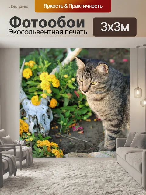 Фотообои Серый полосатый кот в цветочном саду