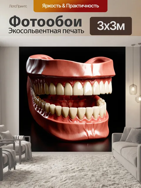 Фотообои большая модель челюсти с акцентом на неправильно расположенные зубы, выполненная в стиле гиперреализма