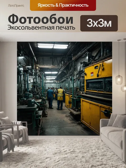 Фотообои в стиле дизельпанк, с обилием механических цехов и работяг, погруженных в процессы