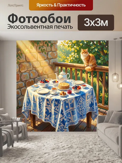 Фотообои Солнечный завтрак с котом на террасе