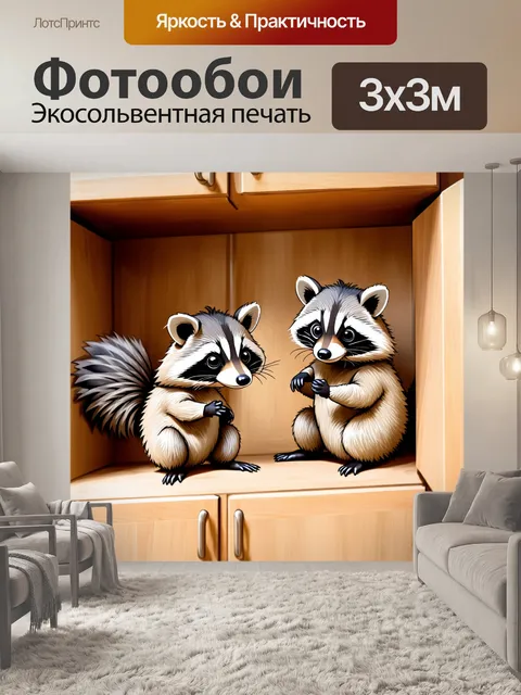 Фотообои животные в стиле скетч, милые еноты, исследующие кухонный шкаф