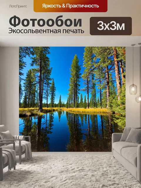 Фотообои лес с высокими соснами и ясным голубым небом, отражающимся в озере