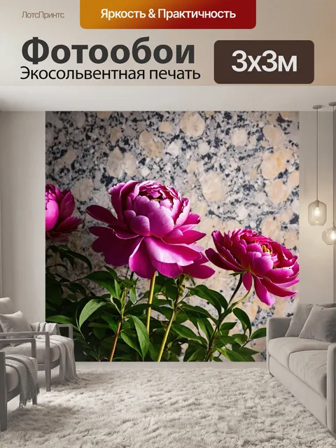 Фотообои пионы на фоне гранитной стены, с контрастом текстур, освещенные мягким рассеянным светом