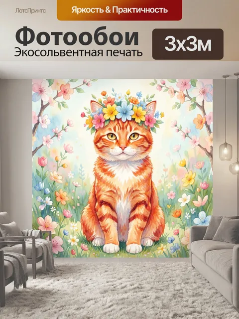 Фотообои Рыжий кот с цветочным венком