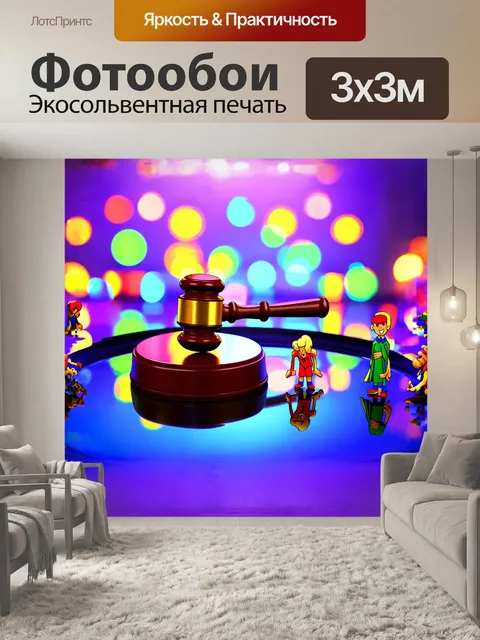 Фотообои молоток, ярко окрашенный в насыщенные цвета, размещён на современном стеклянном блюде, отражая яркие огни…