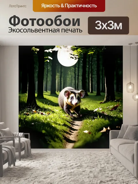 Фотообои опоссум, ползущий по сочным зелёным лужайкам ночного леса, оставляет за собой небольшой след