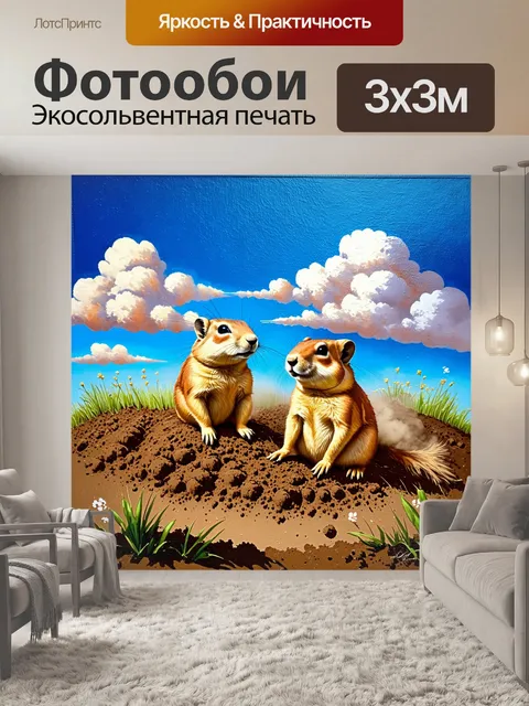 Фотообои сцена, где на фоне летнего неба луговые собачки строят свои норы, вырывая землю и поднимая небольшие облачка…