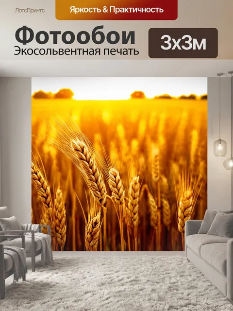 Фотообои поле, залитое золотым светом заката, где колосья пшеницы нежно качаются на ветру, создавая волны тепла и света