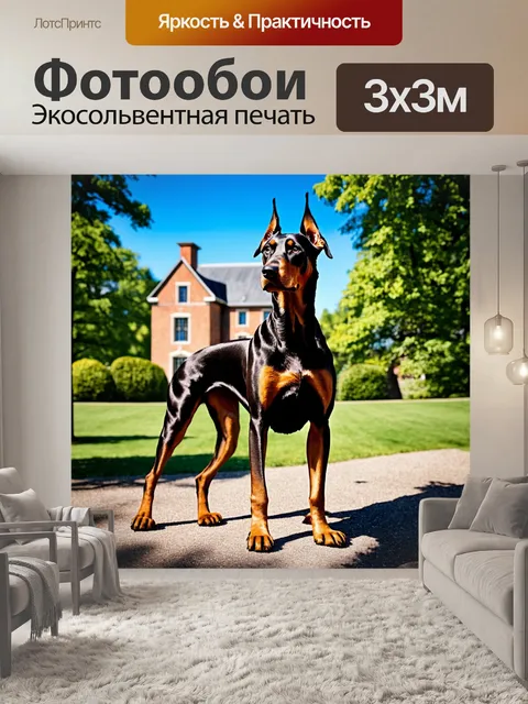 Фотообои на фоне старинного особняка, охраняемого доберманом
