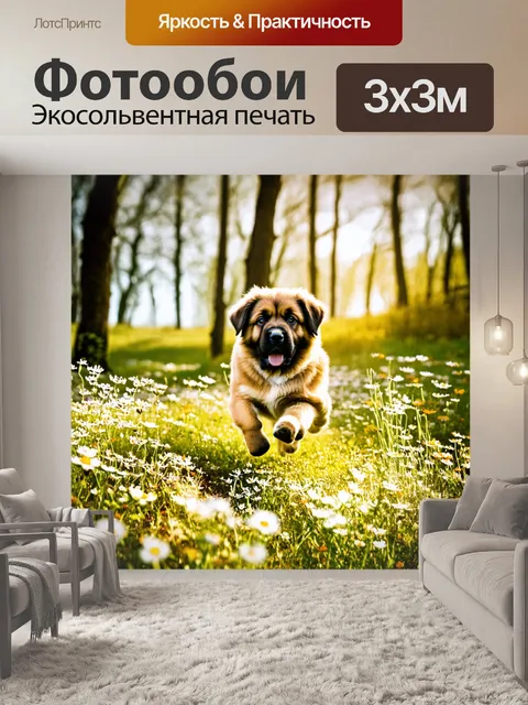 Фотообои природный заповедник с щенком леонбергером, бегущим по цветущему лугу с дикими цветами