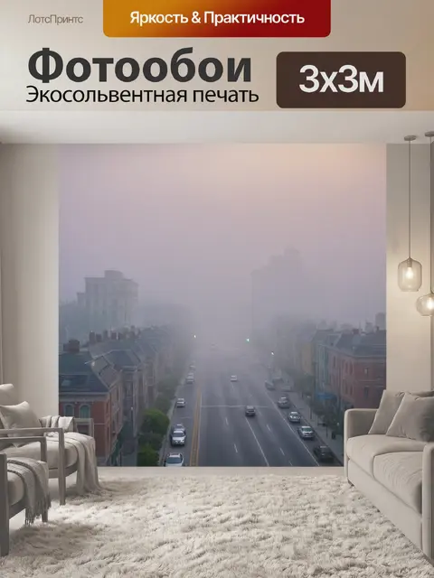 Фотообои город с утренним туманом, мягким светом и спокойными улицами