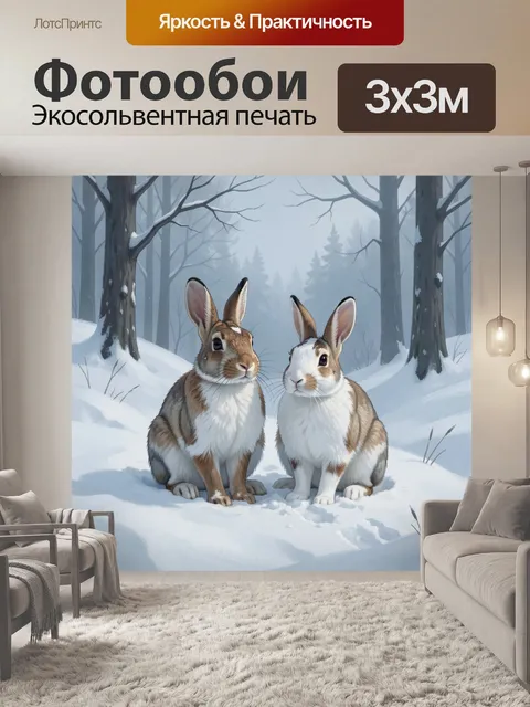 Фотообои Зайцы в зимнем лесу