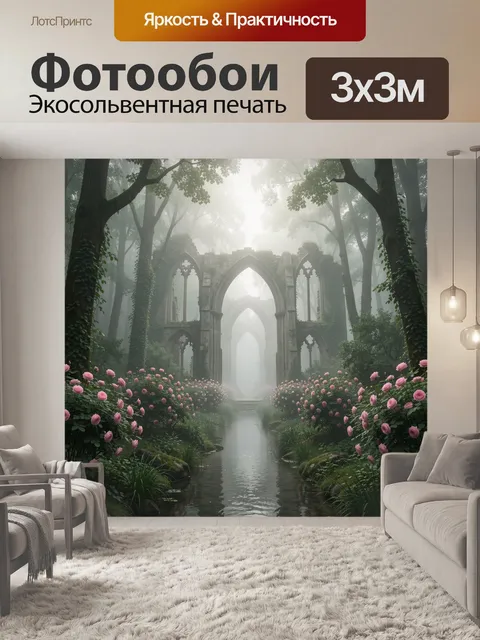 Фотообои Таинственный лес с густой зеленью и цветущими розовыми кустами по обеим сторонам узкой водной дорожки