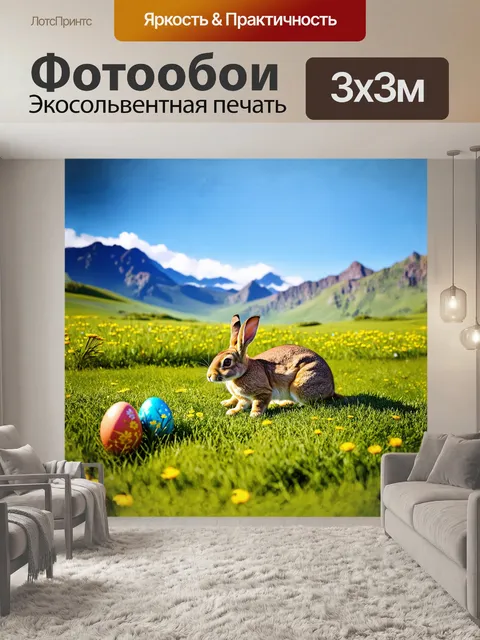 Фотообои заяц, нежно щиплющий траву на фоне райского пейзажа, где горы встречаются с небом
