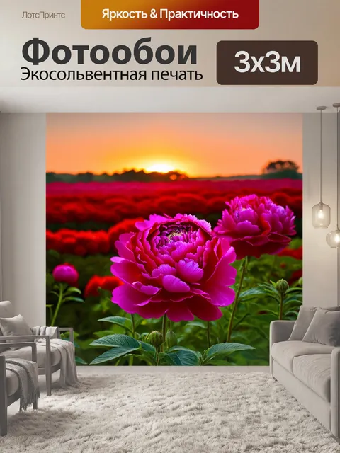 Фотообои пионы на фоне заката, насыщенного красным и оранжевым цветами, придающими картине драматичность