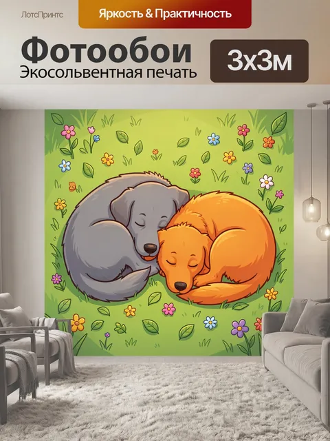Фотообои Лисёнок и щенок спят в траве
