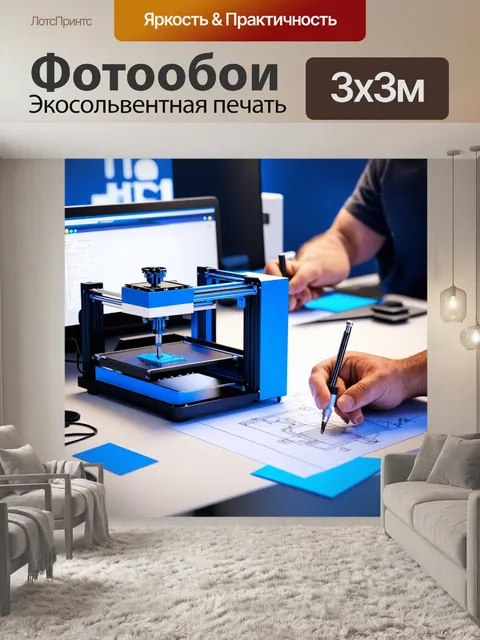 Фотообои инженер проектирует новую машину на своем рабочем месте с чертежами и 3d-моделями