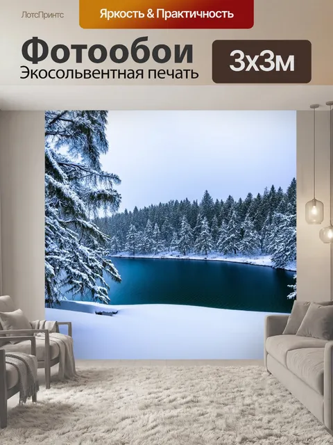 Фотообои озеро, окутанное зимним снегом и заснеженными деревьями