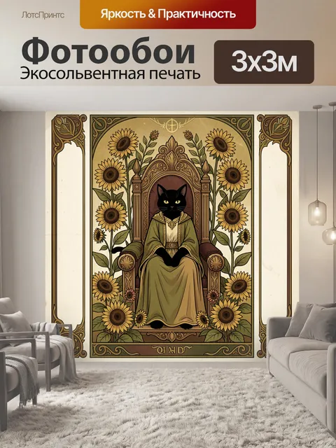Фотообои Черный кот на троне среди подсолнухов