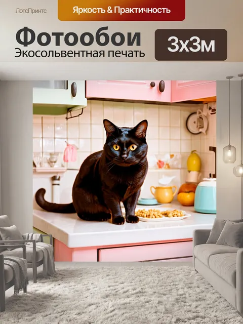 Фотообои животные в стиле ретро с чёрной кошкой на фоне винтажной кухни, в пастельных оттенках
