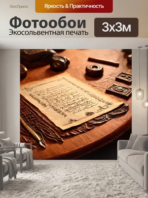 Фотообои изобразите старинные печати и документы на фоне деревянного стола, декорированного резьбой
