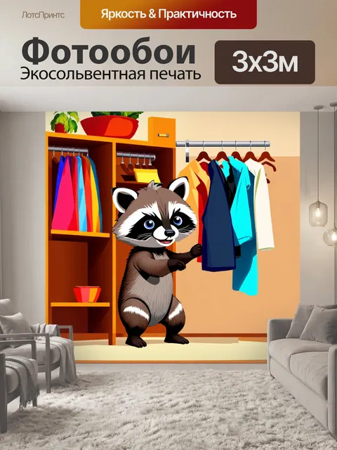 Фотообои забавный енотик, который працюет в гардеробе, укладывая одежду и подбирая наряды для клиентов