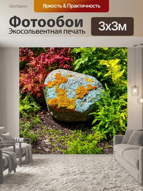 Фотообои камень, в окружении тропических растений, образующих яркие цветовые акценты