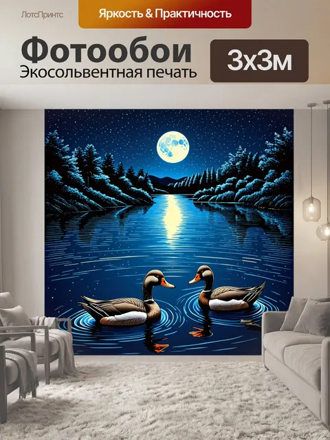 Фотообои ночь в стиле однострочный рисунок, гладкое озеро с лунным отражением и ночными утками