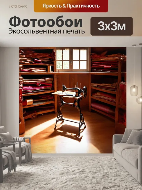 Фотообои античная швейная машина стоит в центре помещения