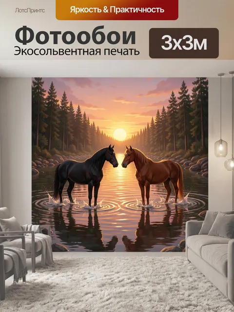 Фотообои Два коня в реке на закате