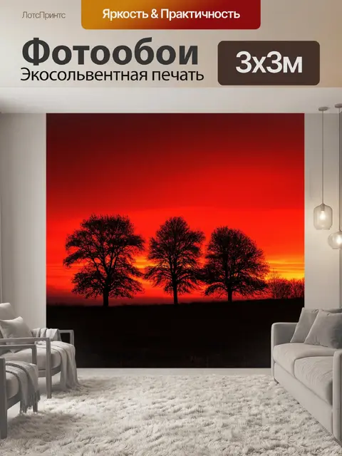 Фотообои осень: вечерний пейзаж с красным небом и silhouetted деревьями