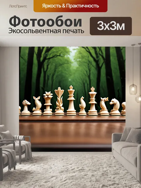 Фотообои фигуры шахмат, выполненные в виде фауны и флоры, с элементами растений и животных, отразив историческую…