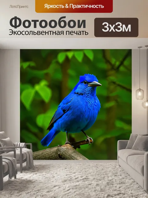 Фотообои яркая синяя птица, сидящая на зеленом фоне густого леса