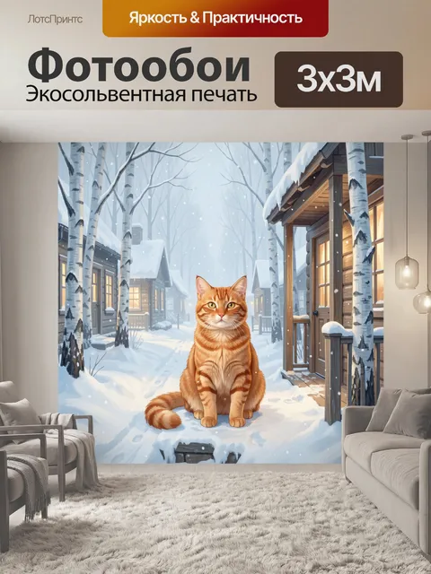 Фотообои Рыжий кот на заснеженной улице