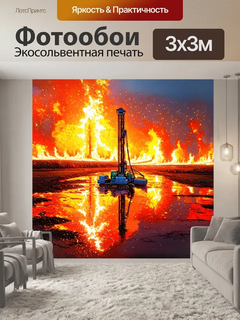 Фотообои в центре кадра расположена буровая установка, окружённая огненной аурой