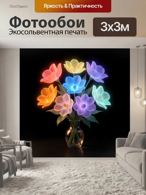 Фотообои Светящиеся разноцветные цветы в вазе