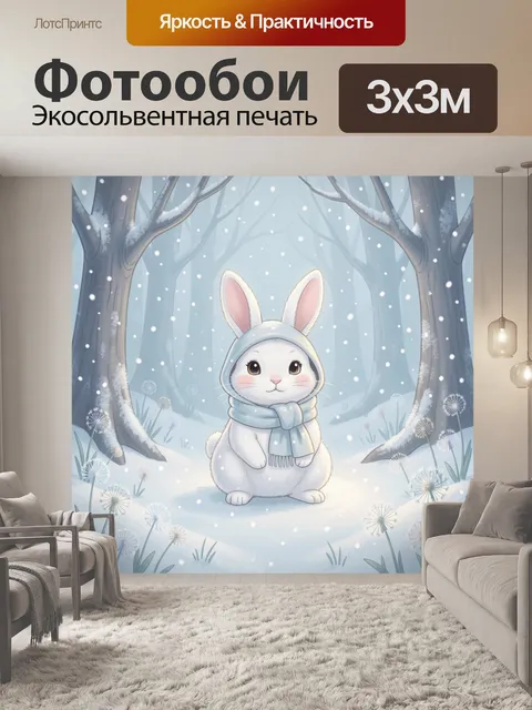 Фотообои Зайчик в шарфике среди снега