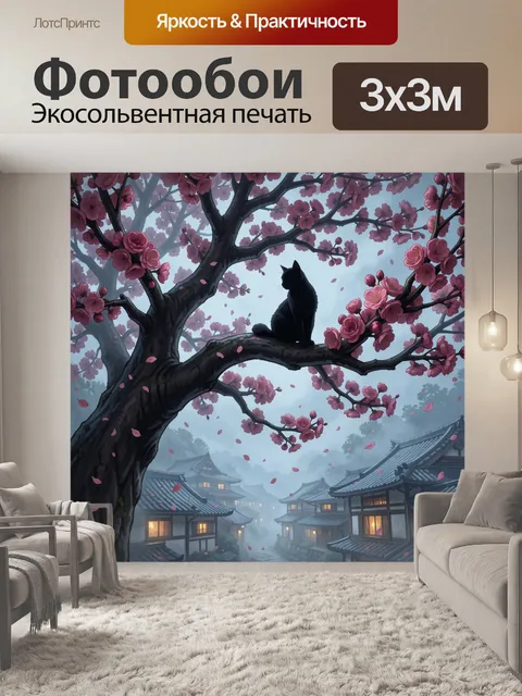Фотообои Чёрный кот-силуэт сидит на толстой ветке цветущей сакуры