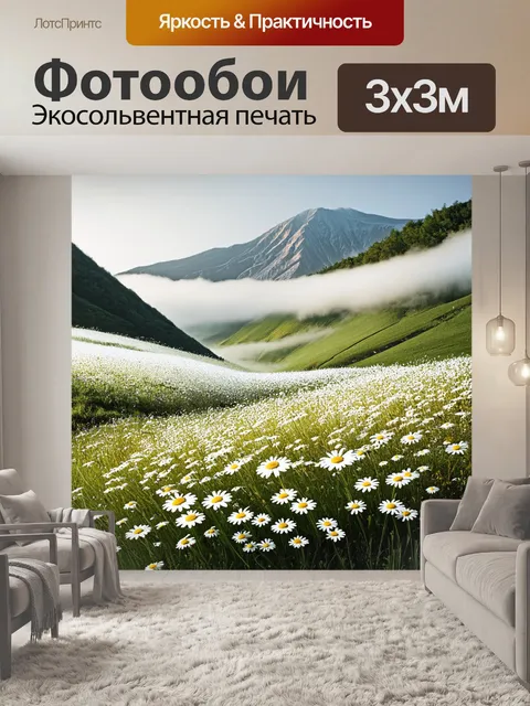 Фотообои поле ромашек, переходящее в горные склоны, где облака низко висят в атмосфере