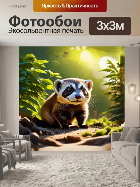 Фотообои в тёплом, солнечном свете, хорек с любопытным взглядом, окружённый зеленью, детально прорисованный в стиле…