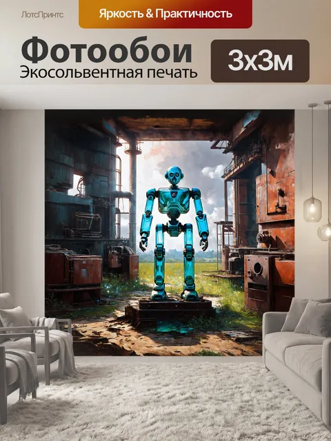 Фотообои робот, выполненный в виде стеклянной статуи, стоящий на вершине заброшенной фабрики, где природа постепенно…