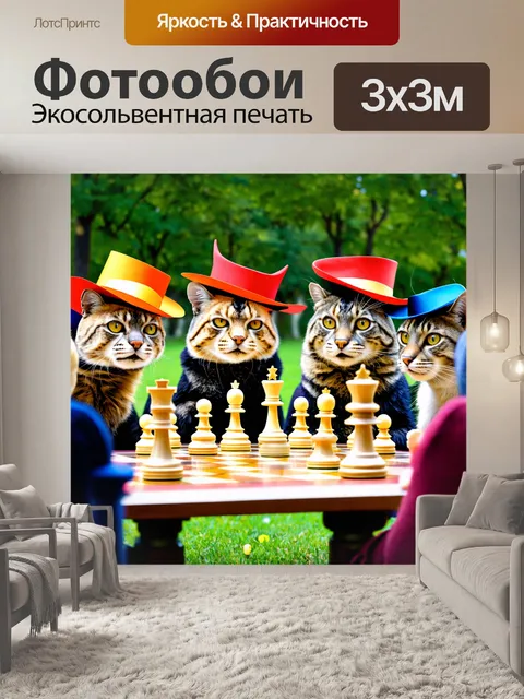 Фотообои прикол: группа животных, играющих в шахматы в парке, с серьёзными лицами и забавными шляпами